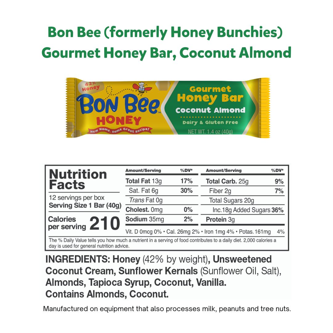 Coconut Almond, Bon Bee Gourmet Honey Bars (previously known as Honey Bunchies) / 12 - 1.4 oz bars