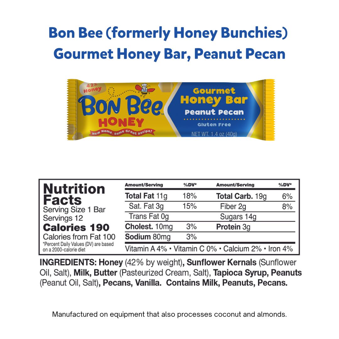 Peanut Pecan, Bon Bee Gourmet Honey Bars (previously known as Honey Bunchies) / 12 - 1.4 oz bars