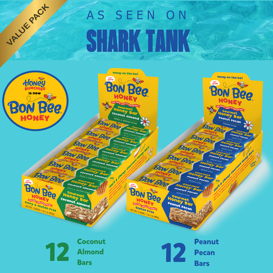 BEST VALUE! Variety 12 packs - Bon Bee Gourmet Honey Bars - Peanut Pecan & Coconut Almond